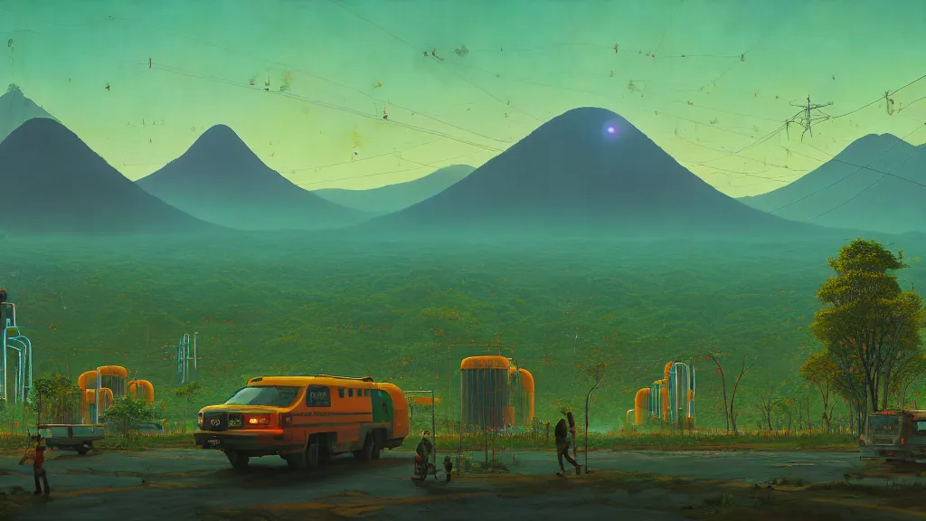 Prompt: Nuclear Nature Solarpunk harmony; the mountains and city are towered over by giant nuclear power plants covered with foliage; by Oswaldo Moncayo; by Simon Stålenhag, oil on canvas; Art Direction by James Cameron; Location: Quito Ecuador 4K, 8K; Ultra-Realistic Depth Shading