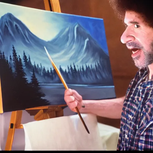 Image similar to a closeup photorealistic photograph of bob ross working on a canvas painting of marilyn manson. happy trees, mountain scape. film still. brightly lit scene. this 4 k hd image is trending on artstation, featured on behance, well - rendered, extra crisp, features intricate detail, epic composition and the style of unreal engine.