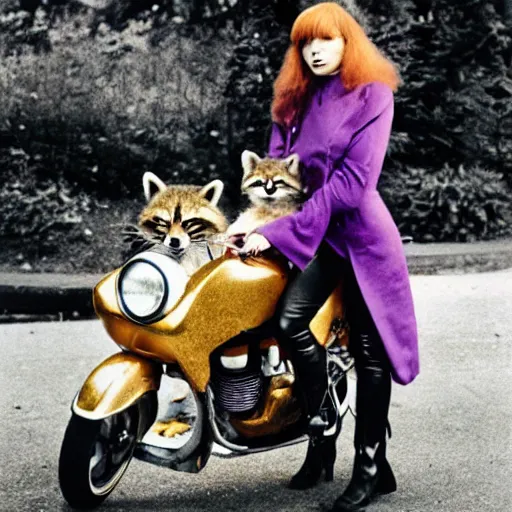 Image similar to a photo by arbus of a slender beautiful woman with straight ginger hair and bangs, wearing purple leathers and gold helmet, posing with large ginger tabby and raccoon on a motorcycle in her front yard, holding coffee mug and toasted brioche bun, fashion photography, dramatic lighting, 8 5 mm lens