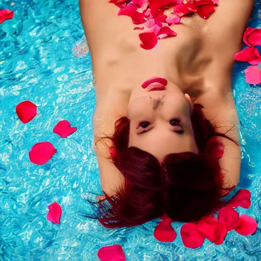 Prompt: woman laying in a pool of rose petals, movie poster, realistic, soft lighting, professional