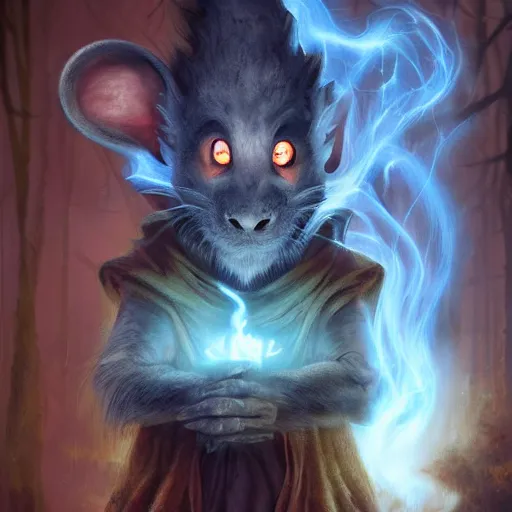 Image similar to fantasy painting of a ghostly rat sorcerer with glowing red eyes, wearing tattered black burlap robes, floating in mist, clutching a blue flame in each hand, anthropomorphic rat, skaven, master splinter, nicodemus, photorealistic, artstation