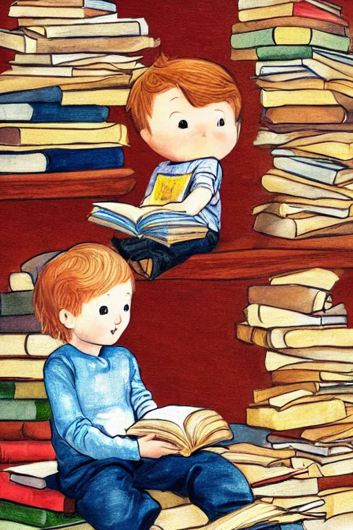 Image similar to a little boy with ginger hair sits cross legged on top of a tall pile of books. he is reading. clean elegant pretty cartoon painting, beautiful detailed face, storybook illustration.