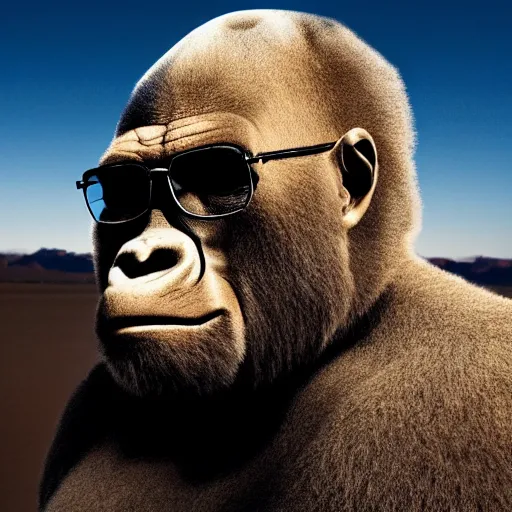 Prompt: A photo of Walter White wearing a gorilla suit, cinematic lighting, New Mexico desert