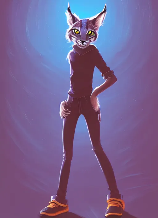 Image similar to wide angle beautiful full body portrait of a strong female anthropomorphic anthro lynx fursona from behind wearing jeans and no boots, paw pads instead of feet and arms, character design by alena aenami, disney, anime, manga, artgerm, furaffinity, detailed, soft lighting,