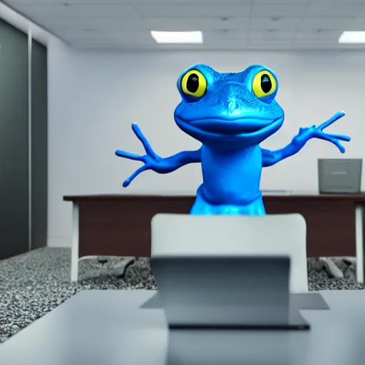 Image similar to octane render professional portrait of a blue frog wearing a suit sitting in an office,