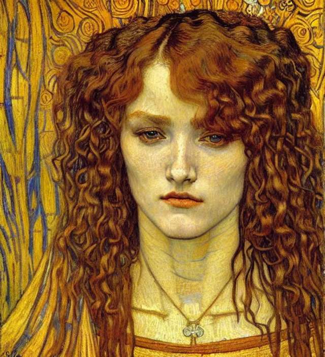 Image similar to detailed realistic beautiful young medieval queen face portrait by jean delville, gustav klimt and vincent van gogh, art nouveau, symbolist, visionary, gothic, pre - raphaelite, muted earthy colors, desaturated