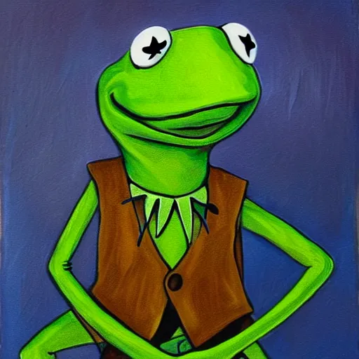 Prompt: A portrait painting of Kermit the Frog in the style of Tim Burton