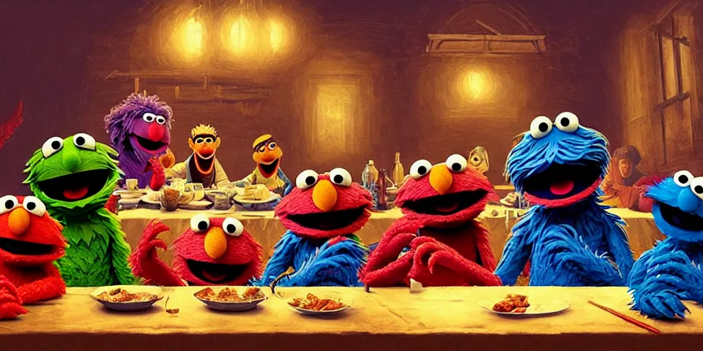 Prompt: sesame street last supper by greg rutkowski, digital painting, trending on artstation, sharp focus, 4 k