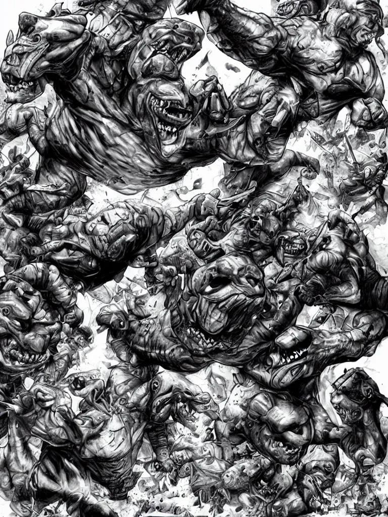 Prompt: giant street sharks powering up by lee bermejo