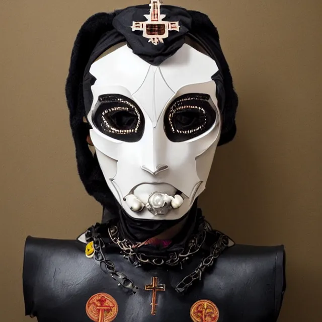 Image similar to a beautiful cyborg made of catholic symbols ceremonial maske