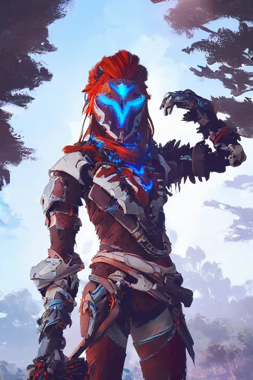 Image similar to combination suit armor aloy horizon forbidden west horizon zero dawn radiating a glowing aura global illumination ray tracing hdr fanart arstation by ian pesty and alena aenami artworks in 4 k tribal robot ninja mask helmet backpack