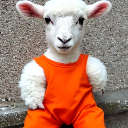 Image similar to cute lamb wearing orange inmate clothes