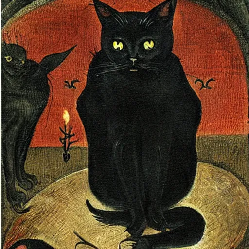 Image similar to a black cat possessed by satan, painting in the style of hieronymus bosch