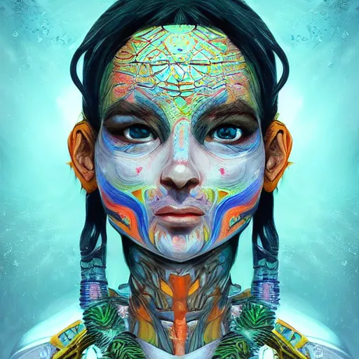 Image similar to portrait of a future metaverse Ayahuasca tech shaman warrior, 2D cartoon, visionary art, symmetric, Magick symbols, holy halo, shipibo patterns, sci-fi, concept art, trending on art station, 8k digital art, by Mandy Jurgens, fantasy portrait art, anime