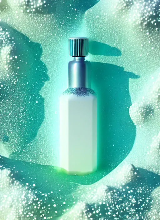 Image similar to perfume bottle covered in seafoam, white glittering sand, and corals, up close shot, sharp focus, global illumination, radiant light, alexandre ferra white, irakli nadar, octane highly render, 4 k, ultra hd,