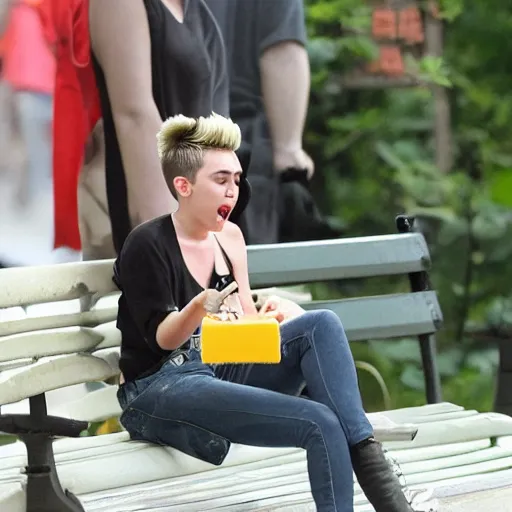 Image similar to miley cyrus sat on a bench eating cheese, thunderstorm, studio ghibli