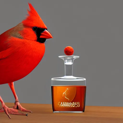 Image similar to a photorealistic photograph of a Cardinal bird inside of an Armagnac decanter Trending on Artstation, featured on Behance, well-rendered, Unreal Engine, 4K HD