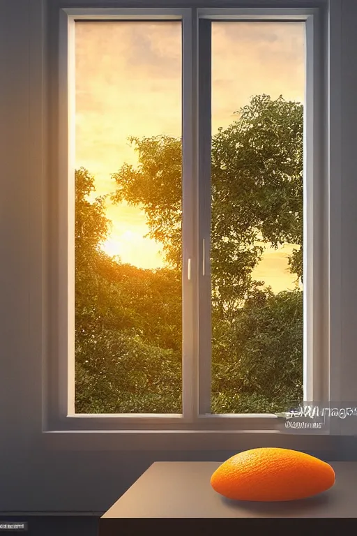 Image similar to a giant orange and yellow crystal on a white table near a window at sunset, hyperrealistic, highly detailed, high qualit, 8K, godrays, warm lighting, path traced, high coherence, calm, macro photo, symmetrical, photorealistic, low contrast, serene landscape, beautiful, geometric