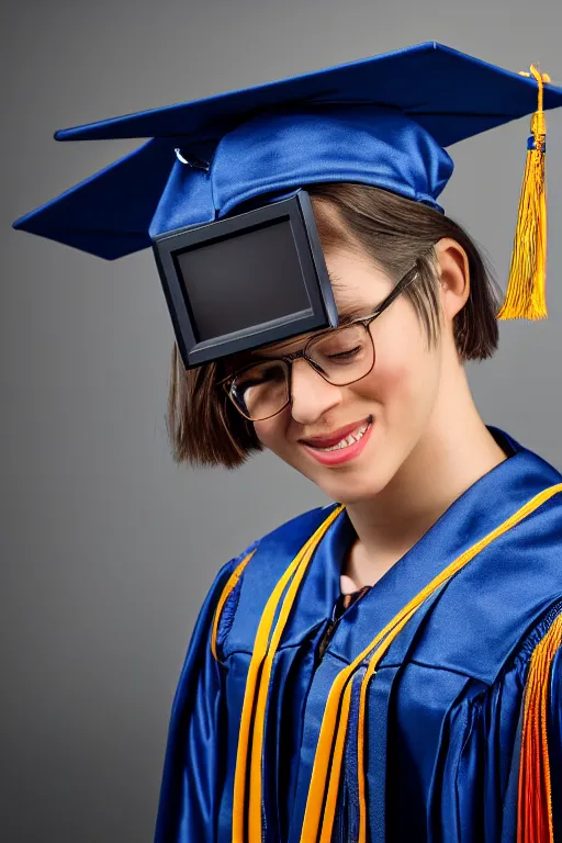 Prompt: a portrait photo of a extremely detailed robot graduating. nikon z 9. 5 0 mm, f / 1. 8 photography. portrait photography. ultra hd, 8 k, graduation photo