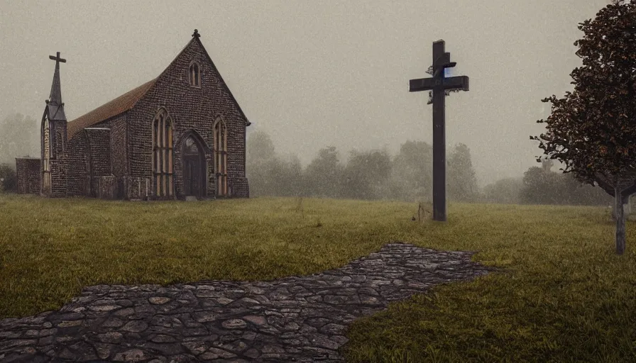 Image similar to church built in an english village, rainy day, rusty cross, muddy road, forest, grey sky, hyperdetailed, artstation, cgsociety, 8 k