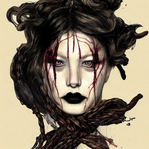 Image similar to portrait of a Shibari rope wrapped face and neck, black painted upper half of the face, headshot, insanely nice professional hair style, dramatic hair color, digital painting, of a old 15th century, old cyborg merchant, amber jewels, baroque, ornate clothing, scifi, realistic, hyperdetailed, chiaroscuro, concept art, art by Franz Hals and Jon Foster and Ayami Kojima and Amano and Karol Bak,