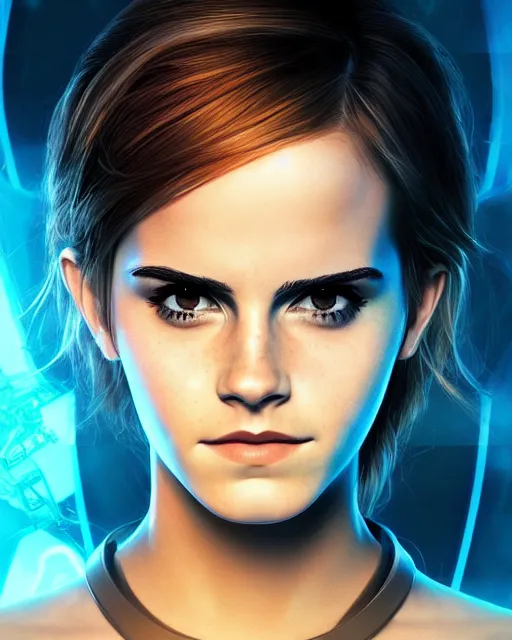 Image similar to portrait shot of emma watson in tron legacy cosplay, epic pose, concept art, by artgerm and luis royo, award winning professional photography, cinematic, octane render