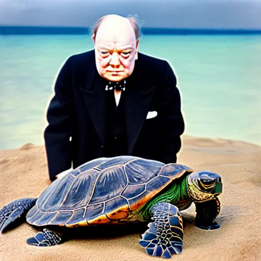 Prompt: An astonished Winston Churchill discovers the first turtle ever in Galapagos, national geographic, BBC, XF IQ4, f/2.5, ISO 200, 1/160s, 8K, RAW, unedited, face retouched