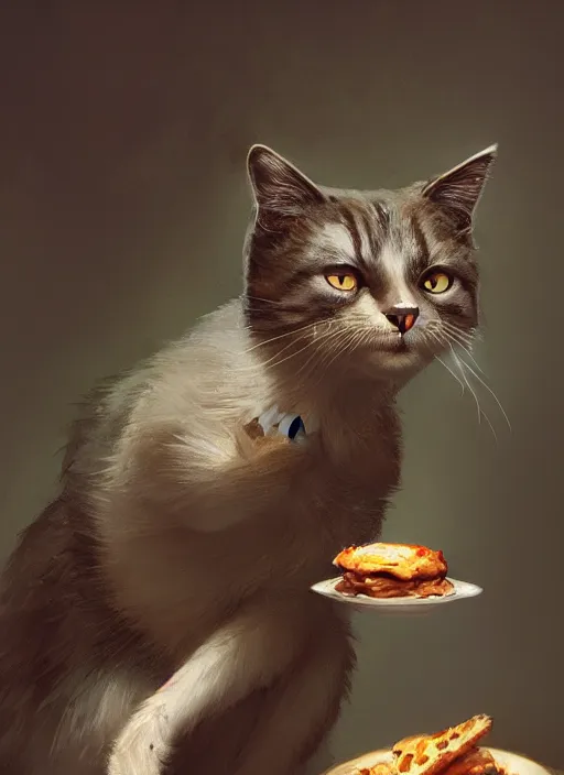 Image similar to a whimsical portrait of a cat stealing food ; by greg rutkowski, sung choi, mitchell mohrhauser, maciej kuciara, johnson ting, maxim verehin, peter konig, final fantasy, marco lense, hd, high detail, atmospheric, trending on artstation