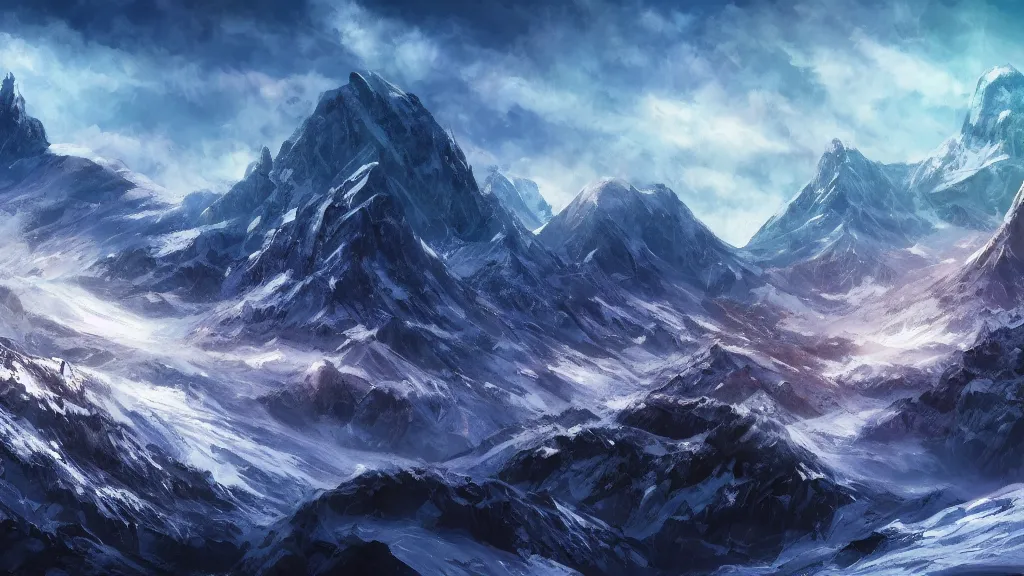 Image similar to mountain range, cold colors, winter, fantasy artwork, award winning, very very very very very very very beautiful scenery, hd, 4k, cinematic wallpaper, trending on artstation