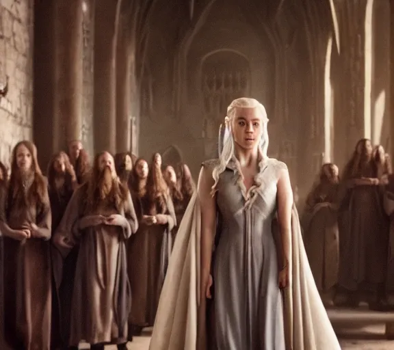 Image similar to Daenerys the Stormborn inside Hogwarts, film still, best shot, 8K