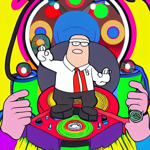 Image similar to svg sticker of a Family-Guy Peter-Griffin at a rave, spinning records, giant headphones rocking out, wearing headphones, huge speakers, dancing, rave, DJ, spinning records, digital art, amazing composition, rule-of-thirds, award-winning, trending on artstation, featured on deviantart