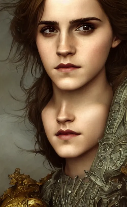 Image similar to photo photorealistic portrait closeup photograph of Emma Watson as Joan of Arc, long hair, intricate, elegant, highly detailed, digital painting, artstation, concept art, sharp focus, illustration, art by and greg rutkowski and aleksi briclot and bouguereau detailed photograph intricate insanely detailed octane render, 8k artistic photography, photorealistic, Edward Steichen, Peter Lindbergh, Albert Watson