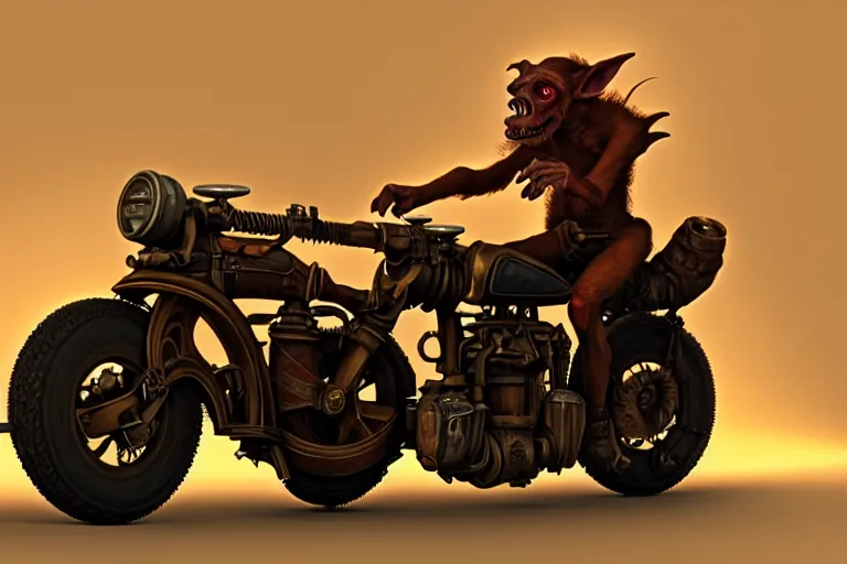 Image similar to a goblin riding a steampunk motorcycle, volumetric light, hyperdetailed, artstation, cgsociety, 8k