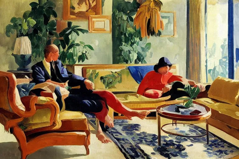 Image similar to A cozy, warm living room, bathed in golden light, with many tropical plants and eclectic furniture, a figure rests on an old couch, highly relaxed, sunday afternoon, living the good life, at peace, golden ratio, fauvisme, art du XIXe siècle, figurative oil on canvas by Albert Marquet, André Derain, Auguste Herbin, Louis Valtat, Musée d'Orsay catalogue