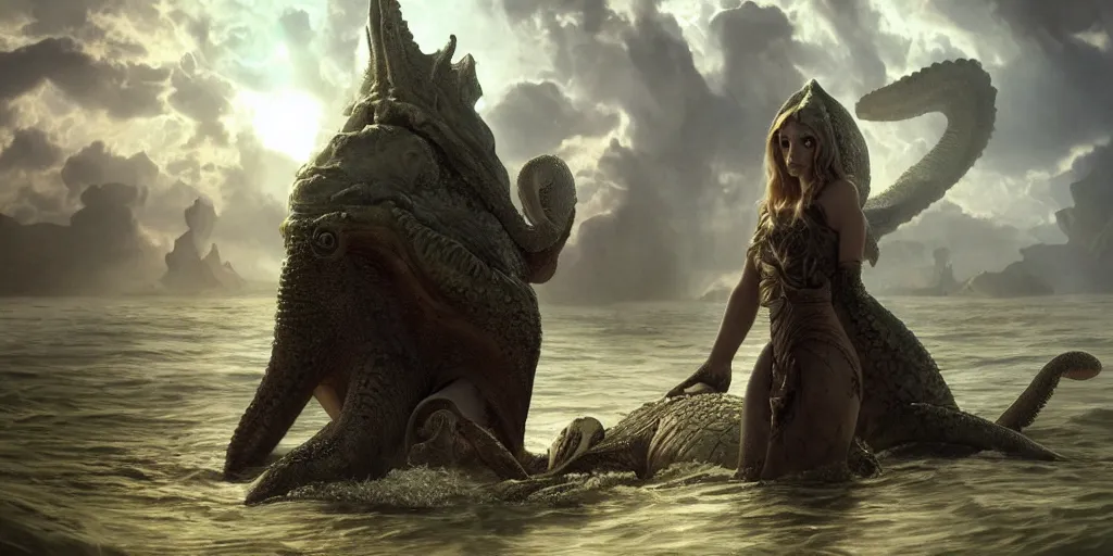 Image similar to Fantasy fairytale story, Great Leviathan Turtle, cephalopod, Cthulhu Squid, Mysterious Island, center Universe, accompany hybrid, Cory Chase, Blake Lively, Anya_Taylor-Joy, Grace Moretz, Halle Berry, Mystical Valkyrie, Anubis-Reptilian, Atlantean Warrior, intense fantasy atmospheric lighting, hyperrealistic, William-Adolphe Bouguereau, François Boucher, Jessica Rossier, Michael Cheval, michael whelan, Cozy, hot springs hidden Cave, Forest, candlelight, natural light, lush plants and flowers, Spectacular Mountains, bright clouds, luminous stellar sky, outer worlds, Solar Flare Unreal Engine, HD,