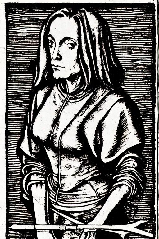 Image similar to dana scully of the apocalypse, pen and ink illustration / renaissance woodcut by albrecht durer 1 4 9 6, 1 2 0 0 dpi scan, ultrasharp detail, hq scan, intricate details, stylized border