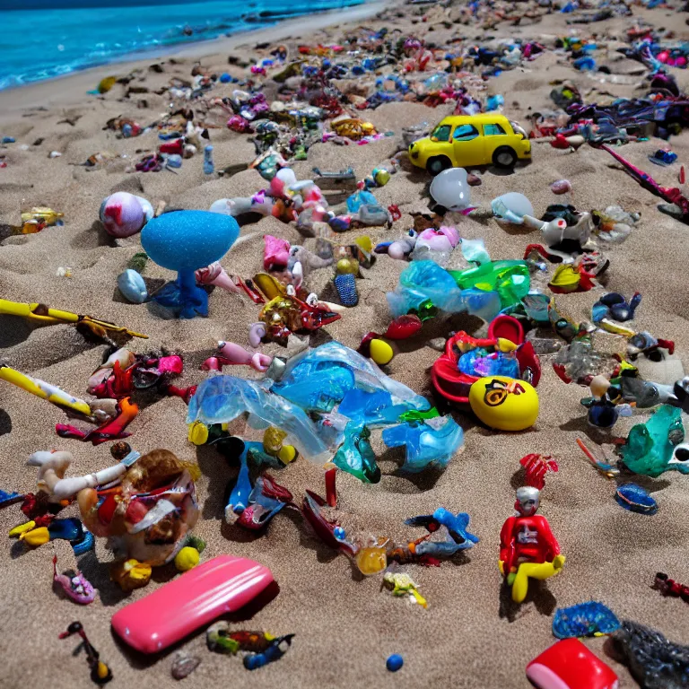Image similar to surreal hyperrealistic photograph of a beach, toy dolls and parts of toy dolls strewn about, shot toward the ocean