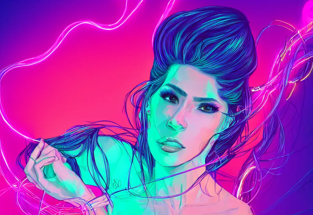 Image similar to a award winning half body portrait of a beautiful woman in a croptop and cargo pants with ombre purple pink teal hairstyle surrounded by whirling illuminated lines, outrun, vaporware, shaded flat illustration, digital art, trending on artstation, highly detailed, fine detail, intricate