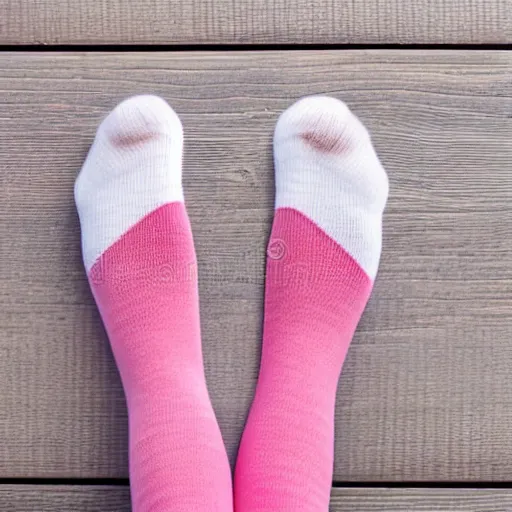 Prompt: clear highly detailed photorealistic topdown mockup product photograph of pink and white striped thigh high socks on a wooden background