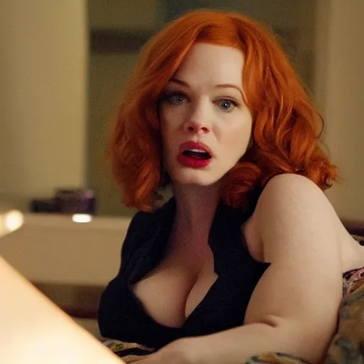 Image similar to amazing beautiful Christina Hendricks with mouth wide open in the living room, film still from the movie directed by Denis Villeneuve , wide lens