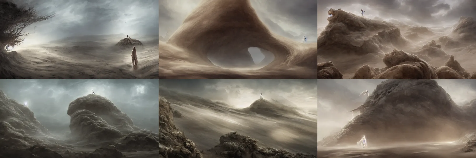 Prompt: a swirling angelic figure shrouded in mist emerges from an extensive dune scape with a stairway of floating boulders, windswept, sand, rocks, sparse vegetation, distant cityscape, grey cloudy skies, distant ocean, contrejour lighting, high contrast, highly detailed, a matte painting by Peter Mohrbacher and Filip Hodas