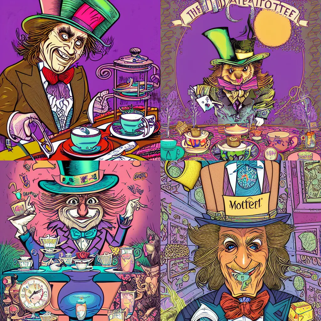Prompt: the mad hatter at tea party by Dan Mumford