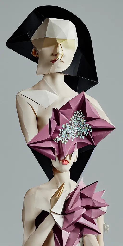 Prompt: portrait of a beautiful ceramic model wearing sakura ( ( origami themed paper flower ) ) and metallic shapes haute couture by issey miyake