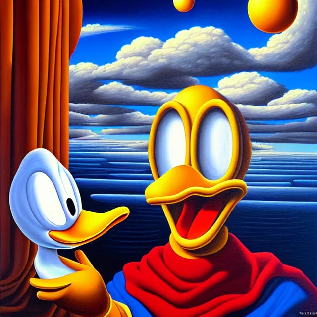 Image similar to an oil on canvas portrait painting of donald duck, surrealism, surrealist, cosmic horror, rob gonsalves, high detail