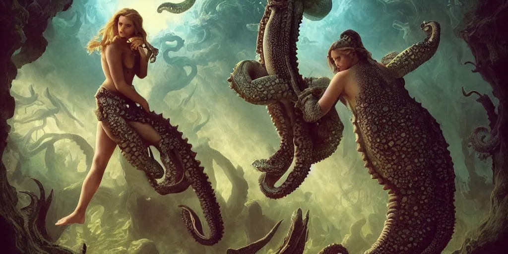 Image similar to Fantasy fairytale story, Great Leviathan Turtle, cephalopod, Cthulhu Squid, Mysterious Island, center Universe, accompany hybrid, Cory Chase, Blake Lively, Anya_Taylor-Joy, Grace Moretz, Halle Berry, Mystical Valkyrie, Anubis-Reptilian, Atlantean Warrior, intense fantasy atmospheric lighting, hyperrealistic, William-Adolphe Bouguereau, François Boucher, Jessica Rossier, Michael Cheval, michael whelan, Cozy, hot springs hidden Cave, Forest, candlelight, natural light, lush plants and flowers, Spectacular Mountains, bright clouds, luminous stellar sky, outer worlds, Solar Flare Unreal Engine, HD,