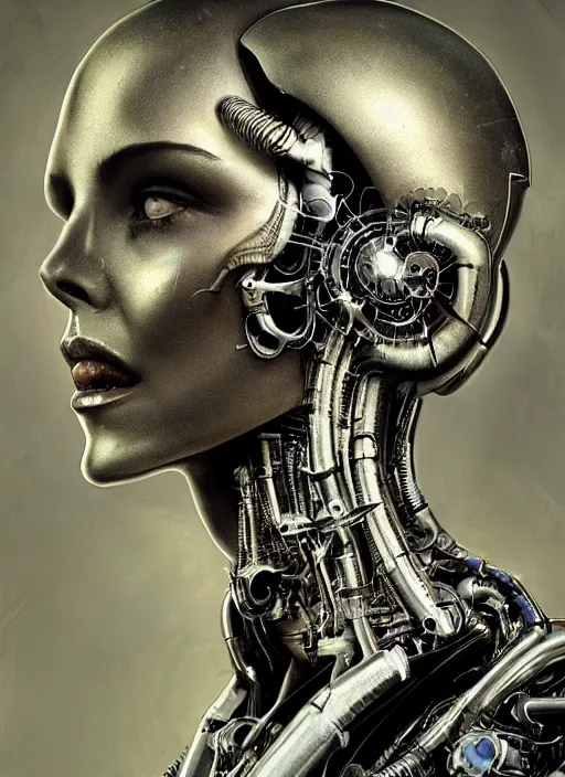 Image similar to a young beautiful female cyborg profile face, by h. r. giger, by ismail inceoglu, by kiki smith, glamor shot, vintage, closeup, f / 2. 8, low contrast, 1 6 k, rim lighting, cinematic lighting, insanely detailed and intricate, hypermaximalist, elegant, ornate, hyper realistic, super detailed