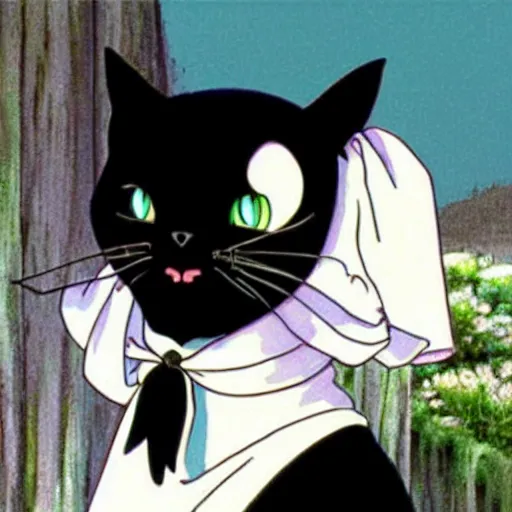 Prompt: a black cat wearing a white wedding dress, Miyazaki, studio ghibli