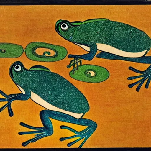 Prompt: ancient Japanese color art of a trio of frogs in different colors