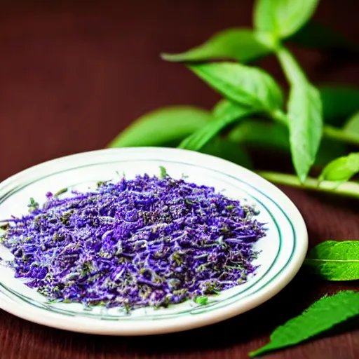 Image similar to a salvia divinorum plant served at a fancy restaraunt on a fancy plate, gorgeous depth of field proffessional food photography