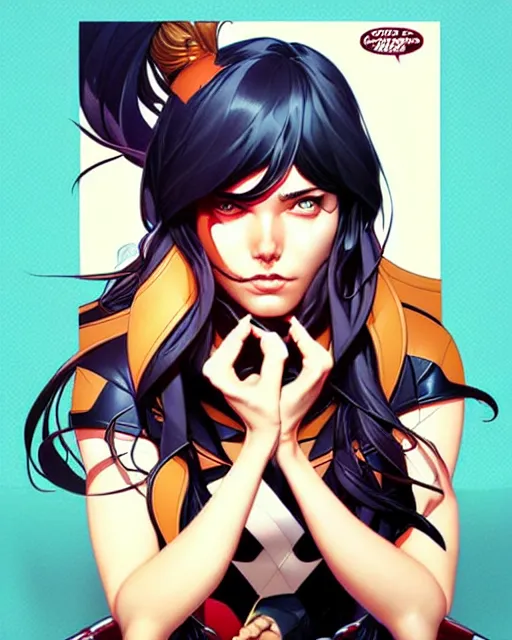 Image similar to artgerm, joshua middleton and sandra chevrier comic cover art, full body cute young lady, matching eyes, bangs, rim lighting, vivid colors